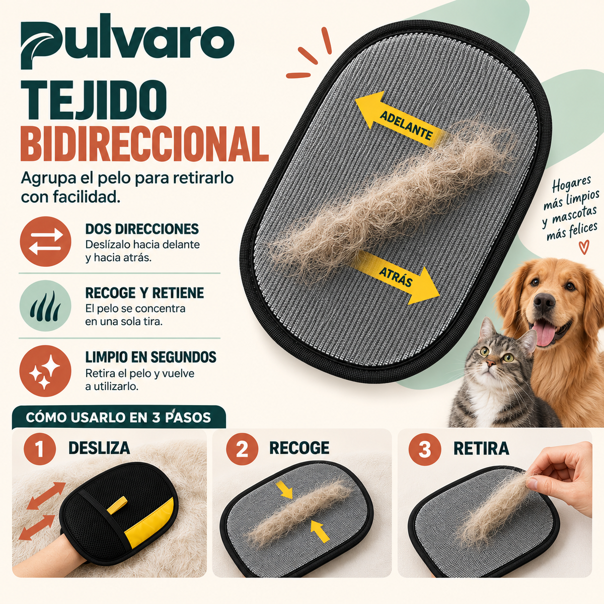 PULVARO™ – Guante Quitapelos Reutilizable para Perros y Gatos