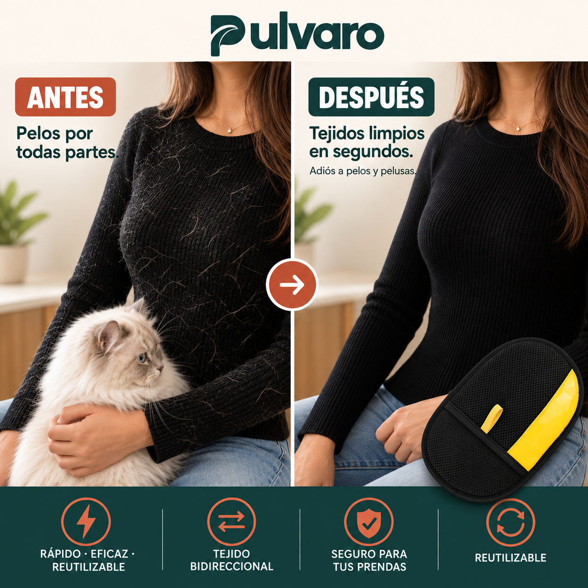 PULVARO™ – Guante Quitapelos Reutilizable para Perros y Gatos