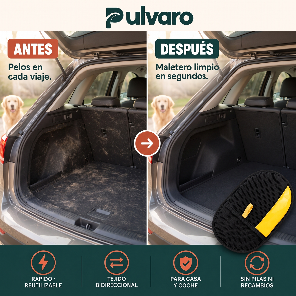PULVARO™ – Guante Quitapelos Reutilizable para Perros y Gatos