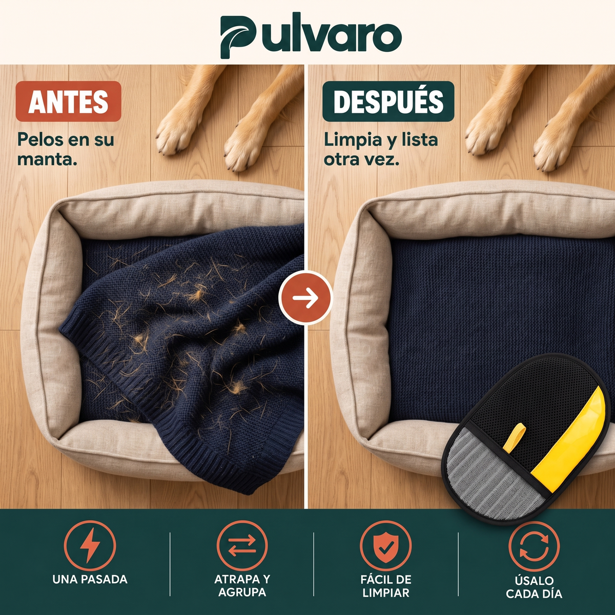PULVARO™ – Guante Quitapelos Reutilizable para Perros y Gatos